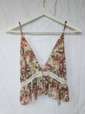 Intimately Free People Floral Lace-Trim V-Neck Cami - Pink & Cream - Size Small
